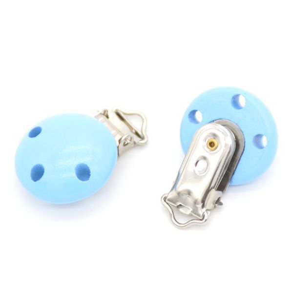 

5pcs new wood home baby round blue pacifier clip metal holders 3 hole 4.4cm x 2.9cm