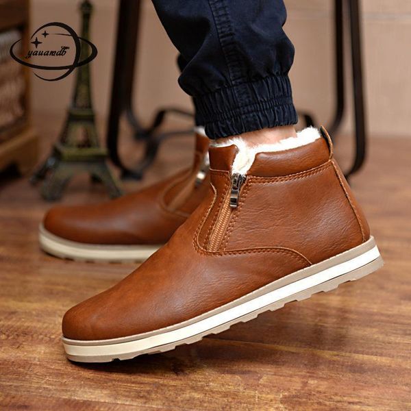 

yauamdb mens boots male 39-44 winter ankle flat snow boots zipper high solid man round toe add wool antiskid shoes ly40, Black