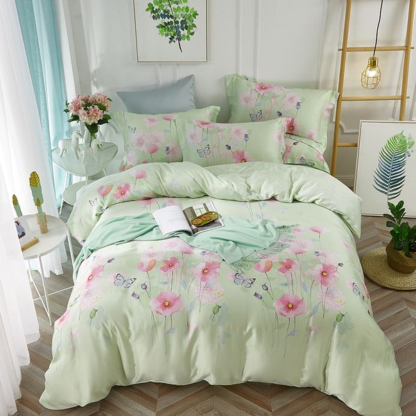 

tencel summer bedding set 4pcs  king size floral printed duvet cover bed sheets pillowcase home textiles