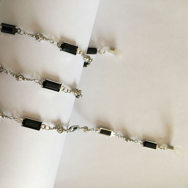 

shiny eyeglass sungalss brass chain spectacle retainer electro plated with embedded with black acrylic beads lanyard