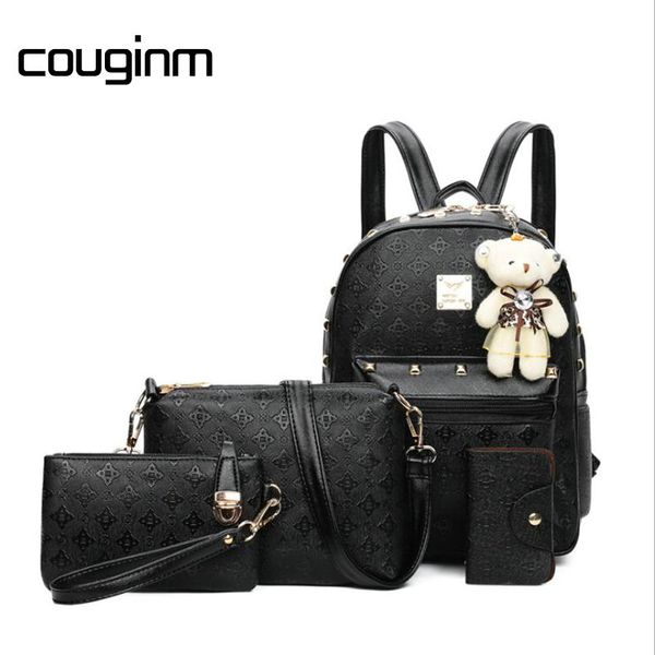 

couginm women bags school backpack fashion lady rivet messenger set cute bear pu leather composite bag 4 pcs/set