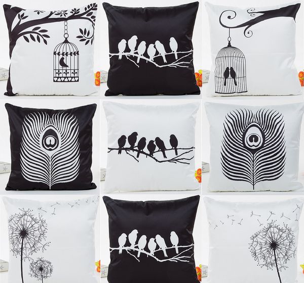 Acheter Couverture De Coussin De Plumes Oiseaux Noir Et Blanc Arbre Oiseaux Cage Coussin Housse De Pissenlit 8 Styles Taies Doreiller Chambre Canapé
