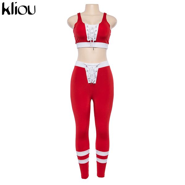 

V-Neck New Two Pieces Drawstring Ribbons Design Red Color Women 'S Sets Sexy Tracksuits Fitness Workout Sleeveless Crop Tops Female
