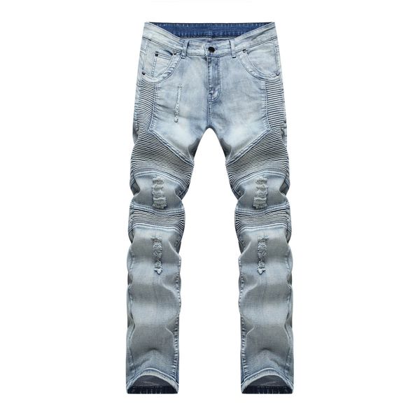 

горячая 2018 мода повседневная байкер джинсы мужские джинсы стрейч плиссированные старинные высокой улице локомотив джинсовые хип-хоп улична, Blue