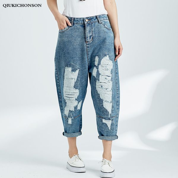 

casual loose jeans woman 2018 literary plus size women ripped pants jeans plus size clothing streetwear harem denim trousers, Blue