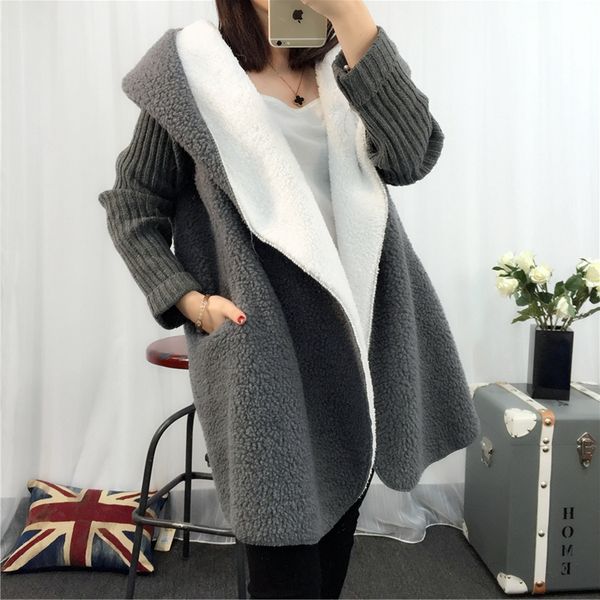 

autumn winter new hooded coat cardigan sweater women's solid color thick soft fashion, White;black