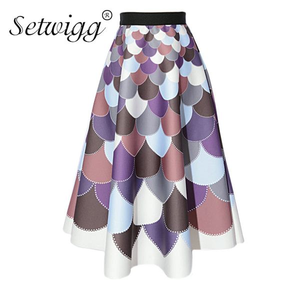 

setwigg retro puffy thick calf skater long skirts waist zipper gradient multi-colored fish scales print a-line long skirt, Black