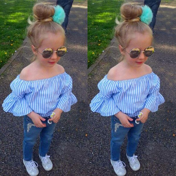 

2018 fashion children girl summer clothes off shoulder blue +denim pants ruffles striped skirt outfit kids clothing set, White