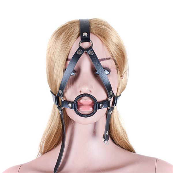 

fetish leather open harness ring restraint head in slave pu oral products gag couples mouth for toys game bondage