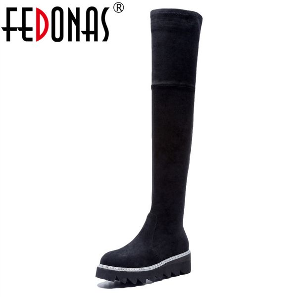 

fedonas shoes women boots long spring autumn thigh high boots wedges heel platforms over the knee ladies long punk shoes, Black