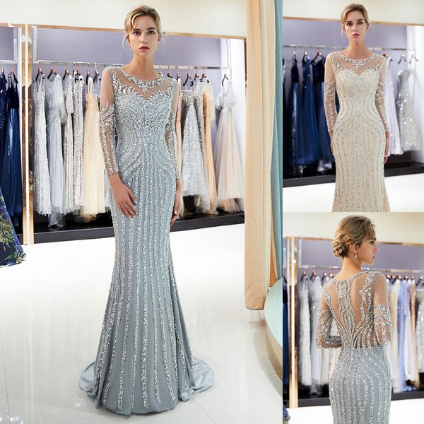 

real image gold/gray mermaid evening dresses luxury beaded sequins long sleeves formal prom party dress designer occasion formal wear 1163, Black;red