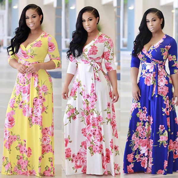 

2018 boho v neck women robe dress half sleeve floral print long dress female loose beach maxi vestidos large size 5xl, White;black