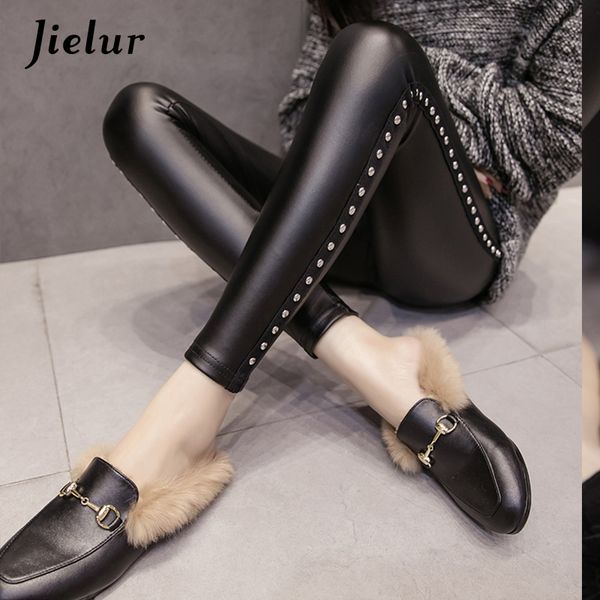 

new winter fleece matte pu leather leggings women fashion rivets push up pencil pants 4 colors s-xxl slim lady leggins, Black