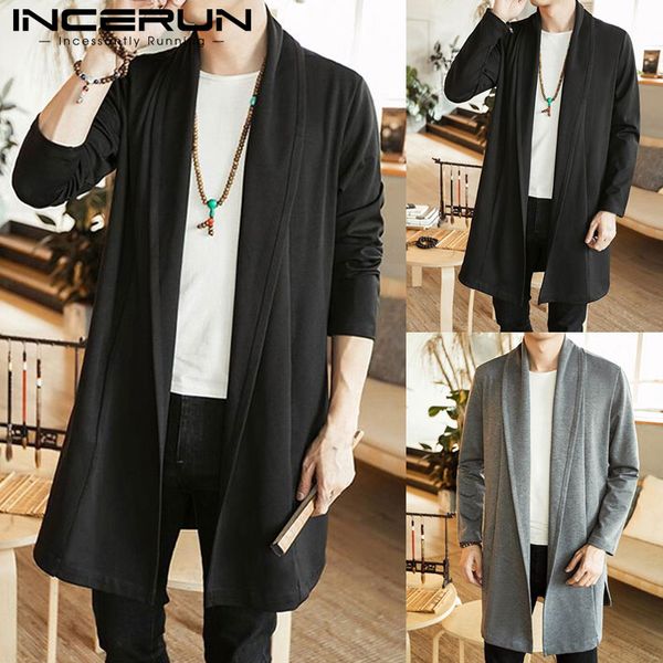 

incerun trench coat men long sleeve lapel neck solid winter outerwear chinese style men long jacket cardigan windbreaker hombre, Tan;black