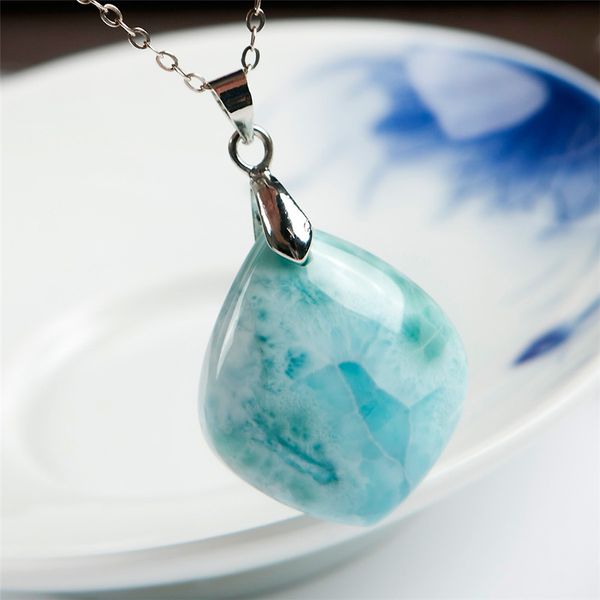 

genuine blue natural larimar gemstone crystal teardrop bead necklaces pendant 26*22*7mm, Silver