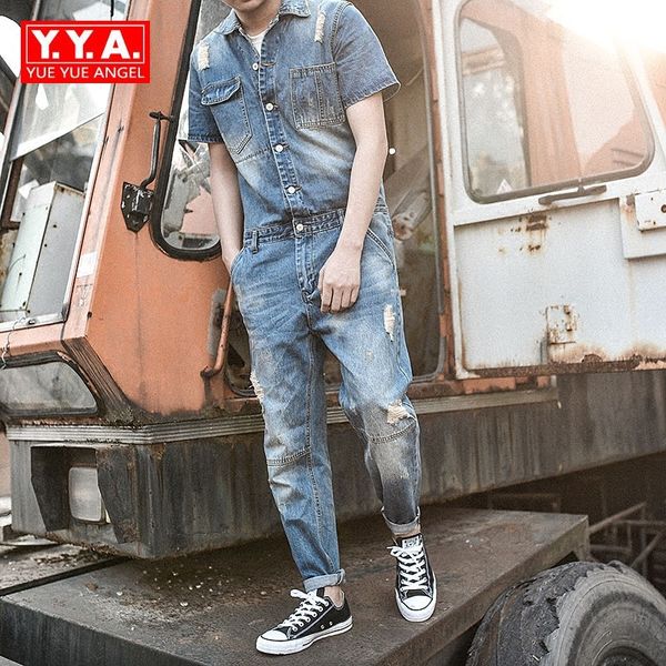 

japan style vintage rompers mens jumpsuit fashion frayed skinny jeans ankle length pants teenager denim overalls for cowboy blue, Gray