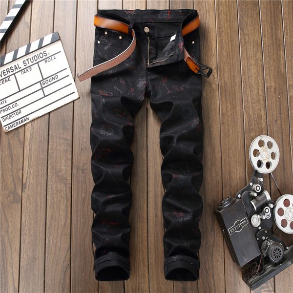

fashion mens jeans black letters printing men slim fit casual trousers tight denim pattern printed nightclub pants, Blue