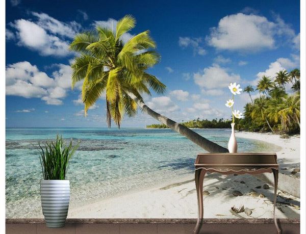 

custom p wallpaper large wall painting background wall paper hd blue sky white clouds seascape coconut tree landscape background wall 3