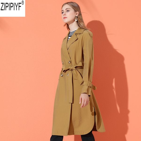 

autumn adjustable waist mid-long trench coat women 2018 new fashion turn down collar long sleeve solid windbreaker female c2130, Tan;black