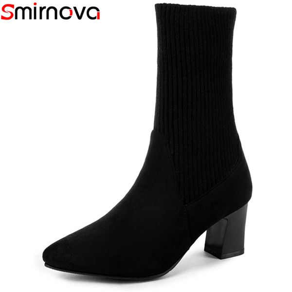 

smirnova 2018 new arrival mid calf boots flock +knitting slip on winter women boots pointed toe thick heels elegant female shoes, Black