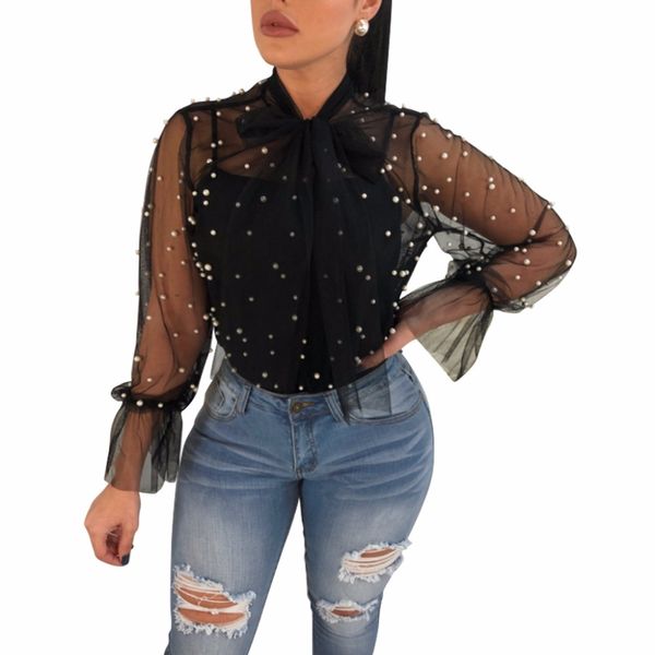 

adogirl sheer mesh pearls women crop blouses bow tie long sleeve shirts summer beach cover up ladies blouses, White
