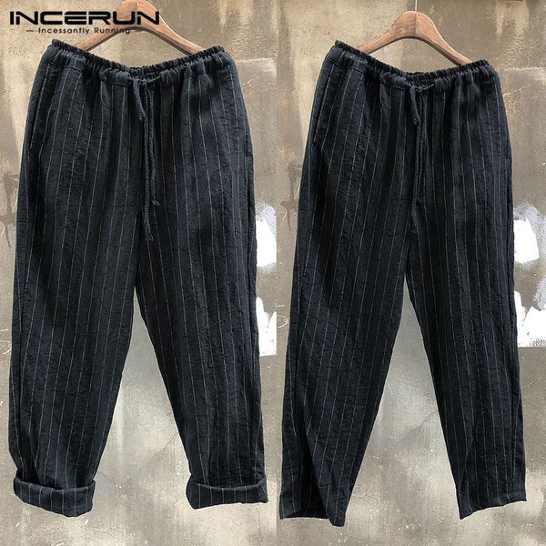 

incerun mens pants striped drawstring straight pants loose vintage leisure cotton trousers men 2018 casual long hombre 3xl, Black