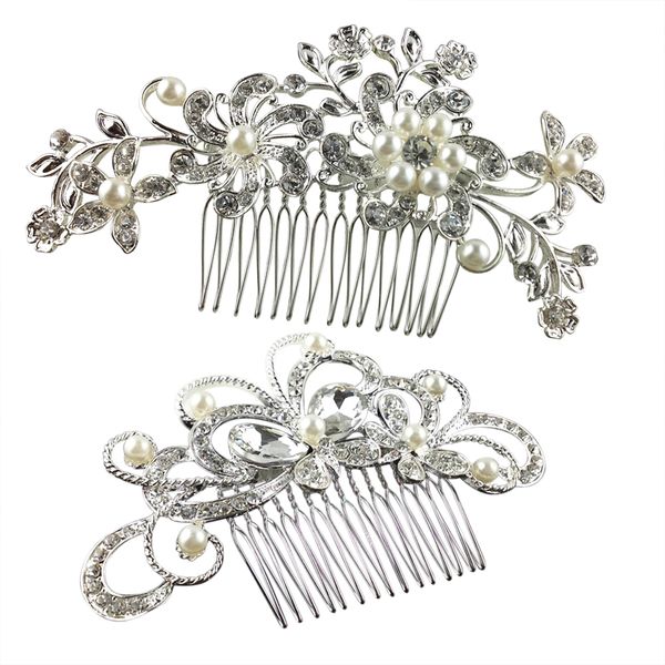 

2pcs bridal wedding silver crystal rhinestones pearls women hair comb
