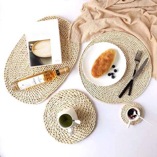 

2018 rattan placemats straw cup coasters dining table mat heat insulation pot holder wicker drink kitchen accessories