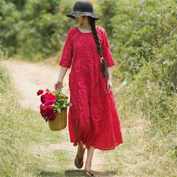 Vintage Cotton Women Dress Jacquard Dress Folded Women Loose