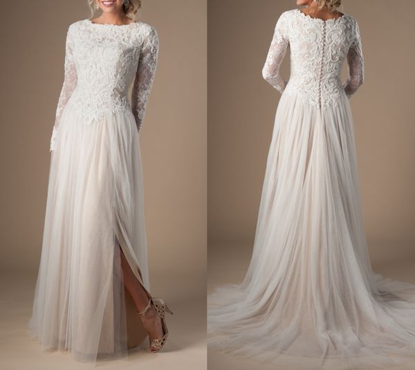 Abiti da sposa modesti color avorio con maniche lunghe Boho Lace Tulle Lds Abiti da sposa Maniche lunghe Split A-line Abito da sposa personalizzato