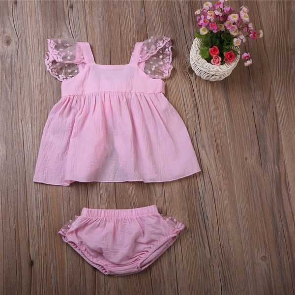 

kids clothing cute pink lace ruffles +shorts 2pcs girls clothes set lace dresses princess bottoms party dress sundress baby outfits set, White