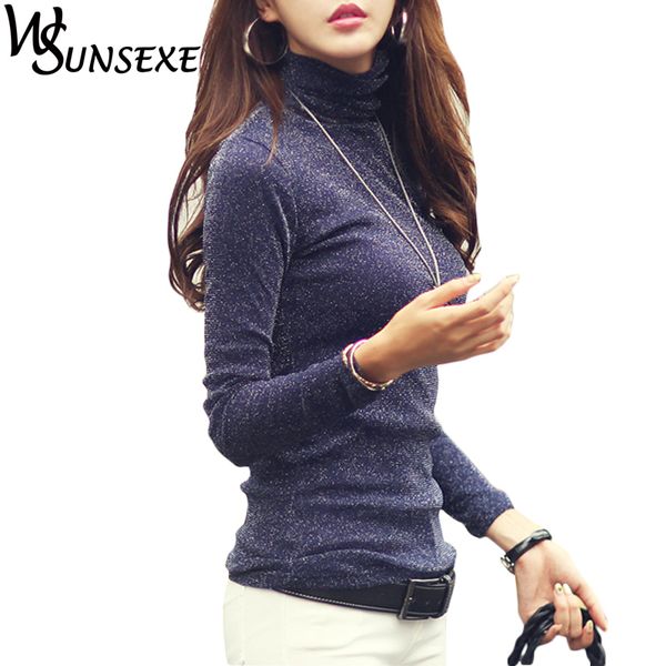 

fashion shiny women casual plus size long sleeve turtleneck basic t-shirts autumn winter stand collar slim warm tee, White