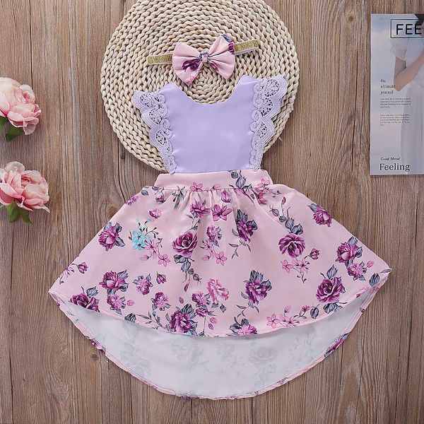 

2018 purple flower baby girl dress princess girl dress+golden bow headband casual newborn birthday party dress 2pcs, Red;yellow