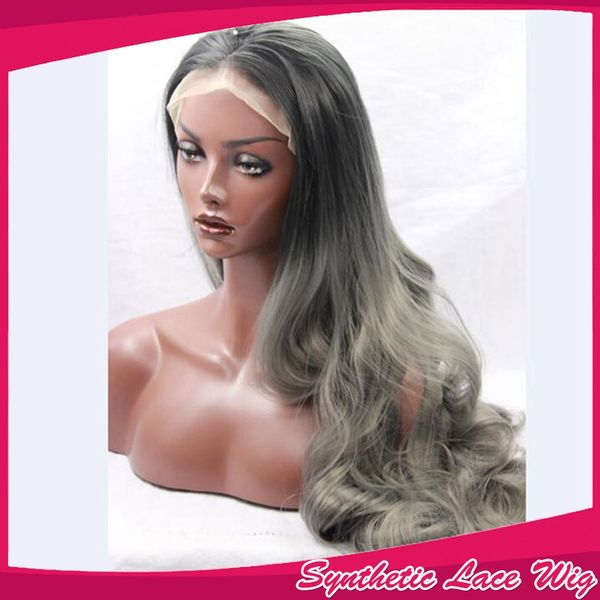 

black ombre dark grey hair synthetic lace front wig wavy haircuts 150 density 10-26 inch in stock synthetic hair wigs for black women