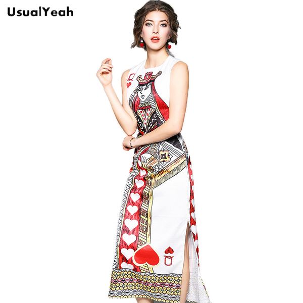 

usualyeah women fashion poker queen mid-calf split dresses new arrivals sleeveless vintage spring summer office lady long dress, White;black