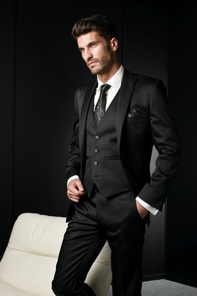 Новейший дизайн, одна кнопка, черные смокинги, смокинги, пики, отворот, жених, лучшие мужские мужские свадебные костюмы (куртка + брюки + жилет + галстук) D: 295