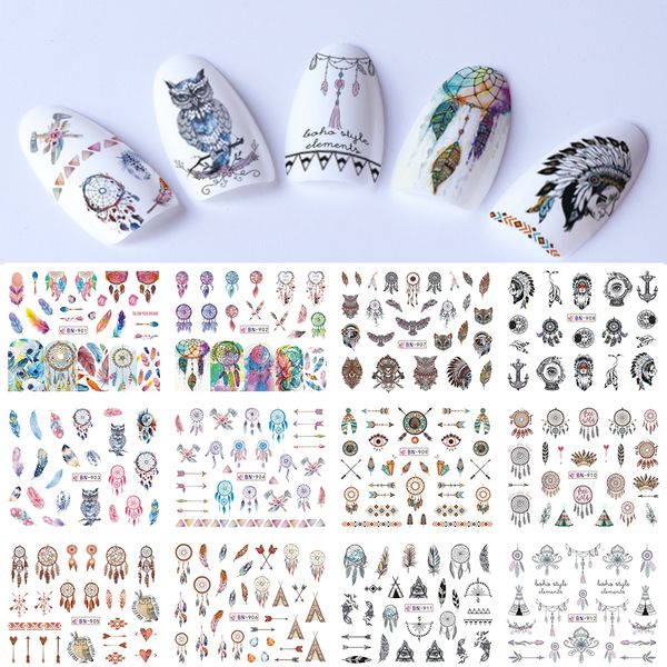 

12 patterns dreamcatcher water sticker set feather owl color nail art transfer decals tips watermark slider manicure sabn901-912, Black