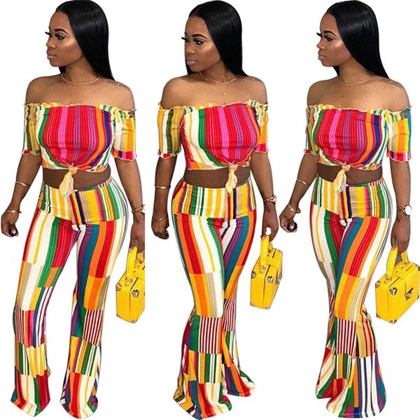 

spandex 2 piece set women summer printed short sleeve bodycon blouse shirt full wide leg pants tracksuits two piece outfits female, Gray