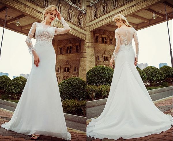 Uma palavra ombro vestidos de casamento branco peixe cauda renda manga comprida renda sexy alta qualidade primavera adesivo praias vestidos de casamento dh103