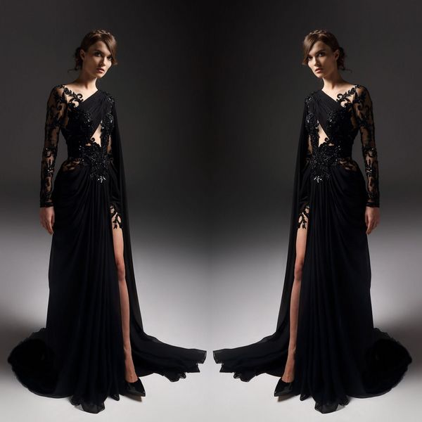 Sexy Black Side Split Prom Dresses 2019 a maniche lunghe Illusion Lace Appliqued perline Abiti da sera Custom Made Formal Pageant Party Dress