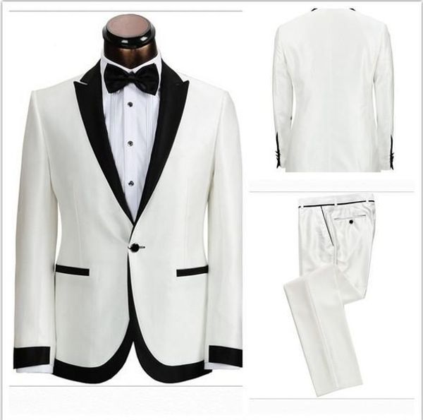 Marka Yeni Fildişi 2 Parça Suit Erkekler Düğün Tuxdos Ile Yüksek Kalite Damat Smokin Siyah Tepe yaka Best Men Blazer (Ceket + Pantolon + Kravat + Kuşak) 613
