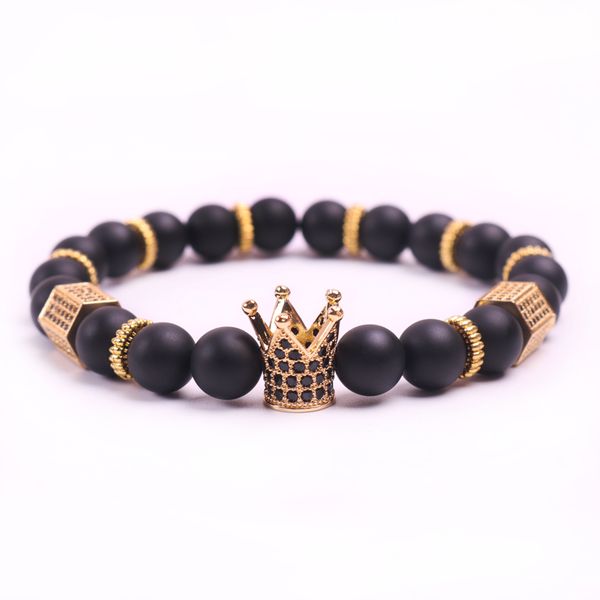 

shidu micro pave black cz zirconia gold king crown charm bracelet men dull polish matte stone bead bracelets for men women gift, Golden;silver