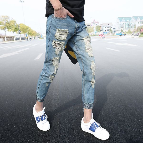 

skinny jeans mens personality rock style jean hole pant casual jeans distressed jeans denim pants joggers for men 28-34, Blue