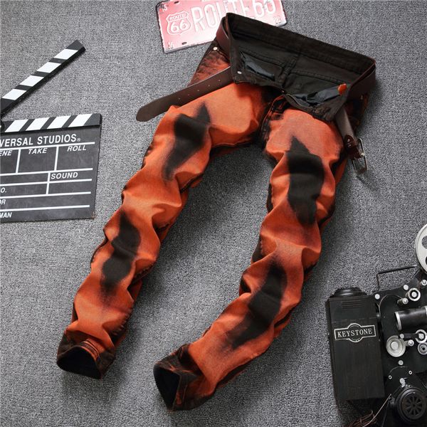 

2018 spring european street style fashion casual graffiti printed orange red jeans straight slim men denim pants, Blue