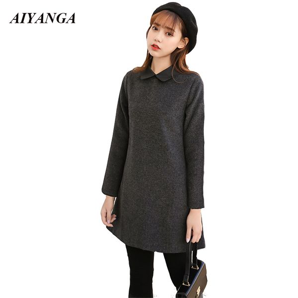 

thicken wool dress women for winter casual women woolen dress 2018 female warm dresses dark gray short style peter pan collar, White;black