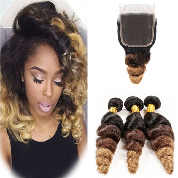 

Ombre loo e wave peruvian hair weave with lace clo ure 1b 4 27 brown blonde ombre human hair 3 bundle with clo ure 4pc lot