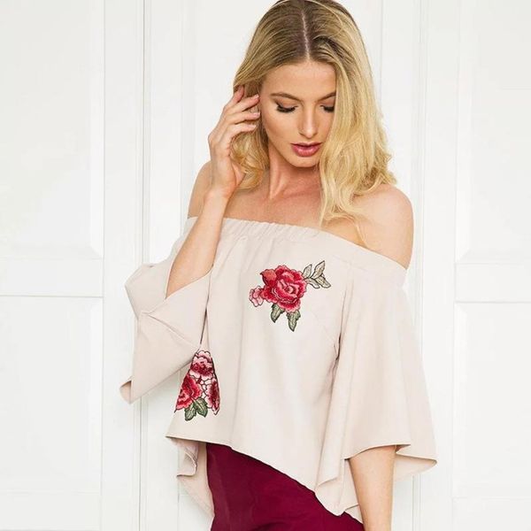 

ostrich 2018 new summer womens loose flare sleeve blouse shirt fashion blusas feminino, White