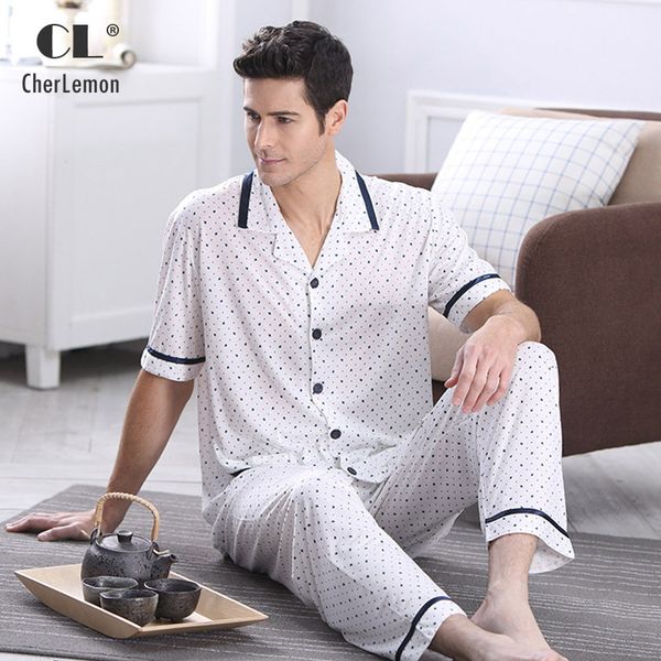 

cherlemon men's pyjamas set short sleeve & long bottoms pants summer sleepwear casual white polka dot comfy loungewear -4xl, Black;brown