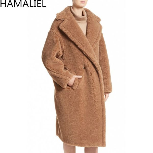 

hamaliel runway winter women warm long outwerwear 2018 faux lambswool long sleeve lapel collar loose thick female woollen coat, Black