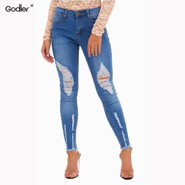 

godier spring summer stretchy blue hole ripped jeans woman denim pants trousers for women pencil skinny jeans